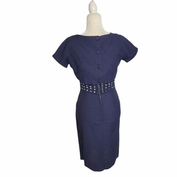 VINTAGE 60s dress Sue Brett navy blue two piece sheath with button back top S‎ - Picture 3 of 17